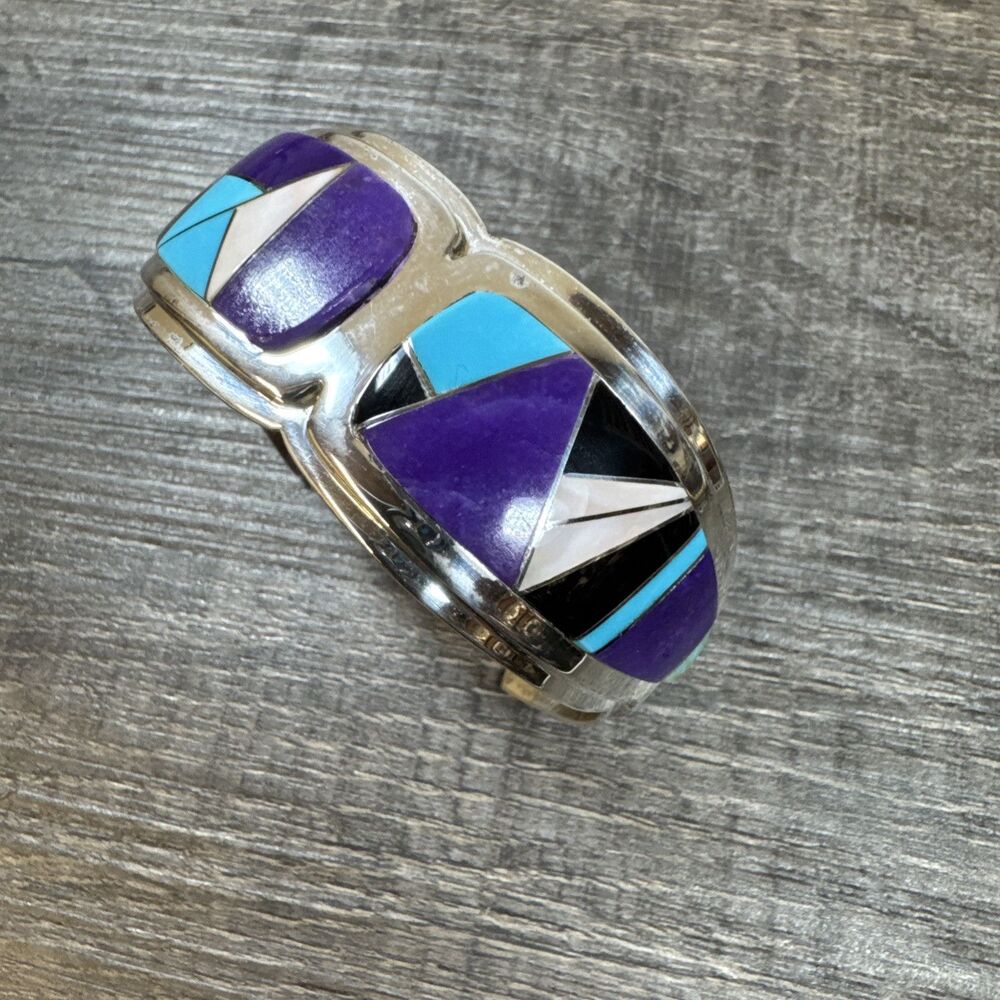 Vtg Navajo Julian Arviso Sterling Silver Turquoise Lapis Inlay Cuff Bracelet